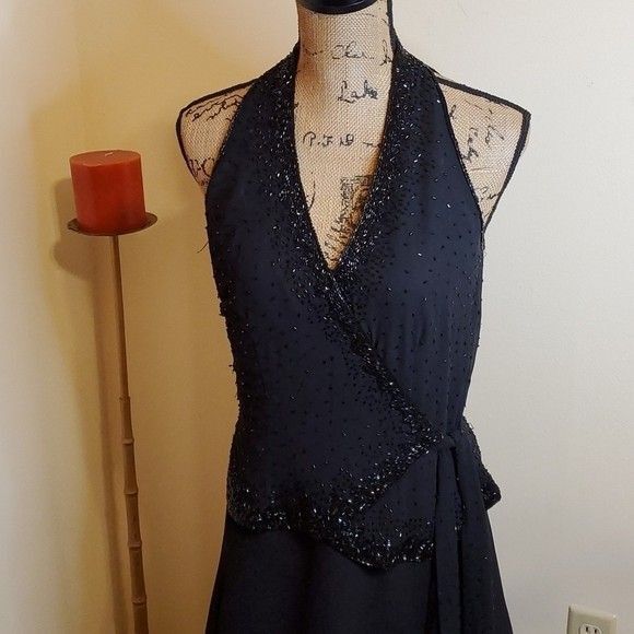 J Kara black beaded chiffon maxi gown size 6 - Picture 3 of 14